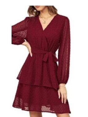 ✨ Grace Karin Swiss Dot Chiffon Dress Burgundy Small NWT Sheer Long Sleeve